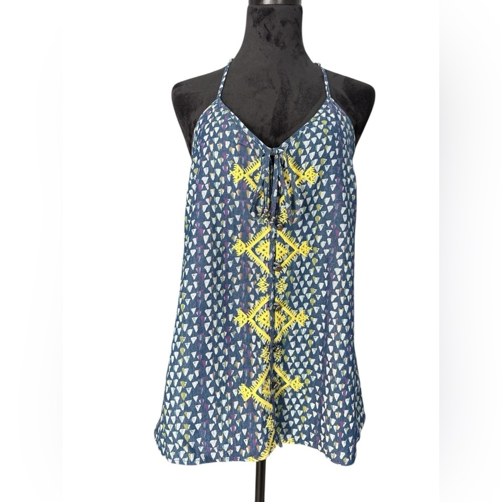 Boho‎ Embroidered Cotton Tank Top Blue Yellow Geometric Print TR Designs size P